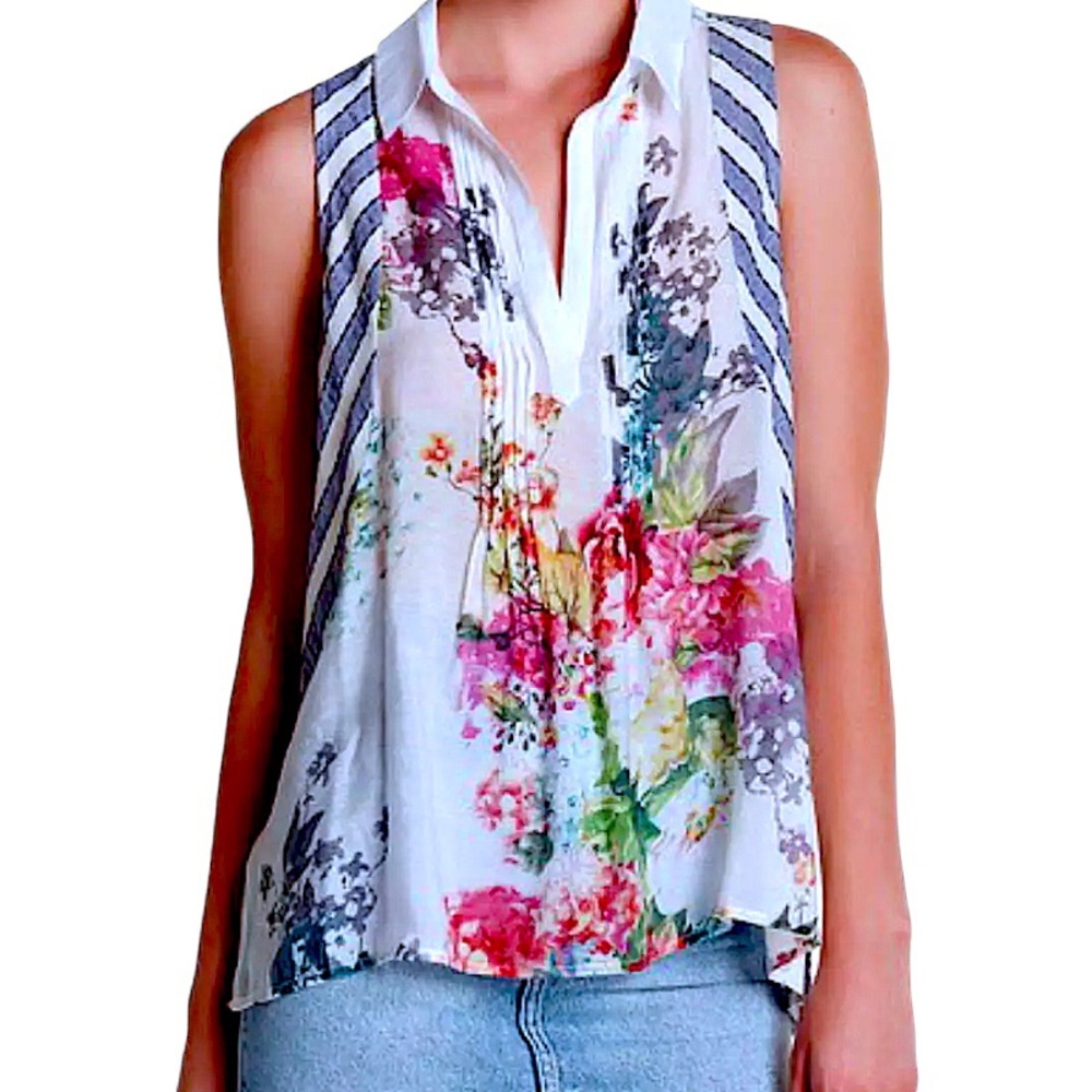 $113 Aratta Mixed Print Blouse Medium 6 8 Floral + Stripes Pintucks Front + Back